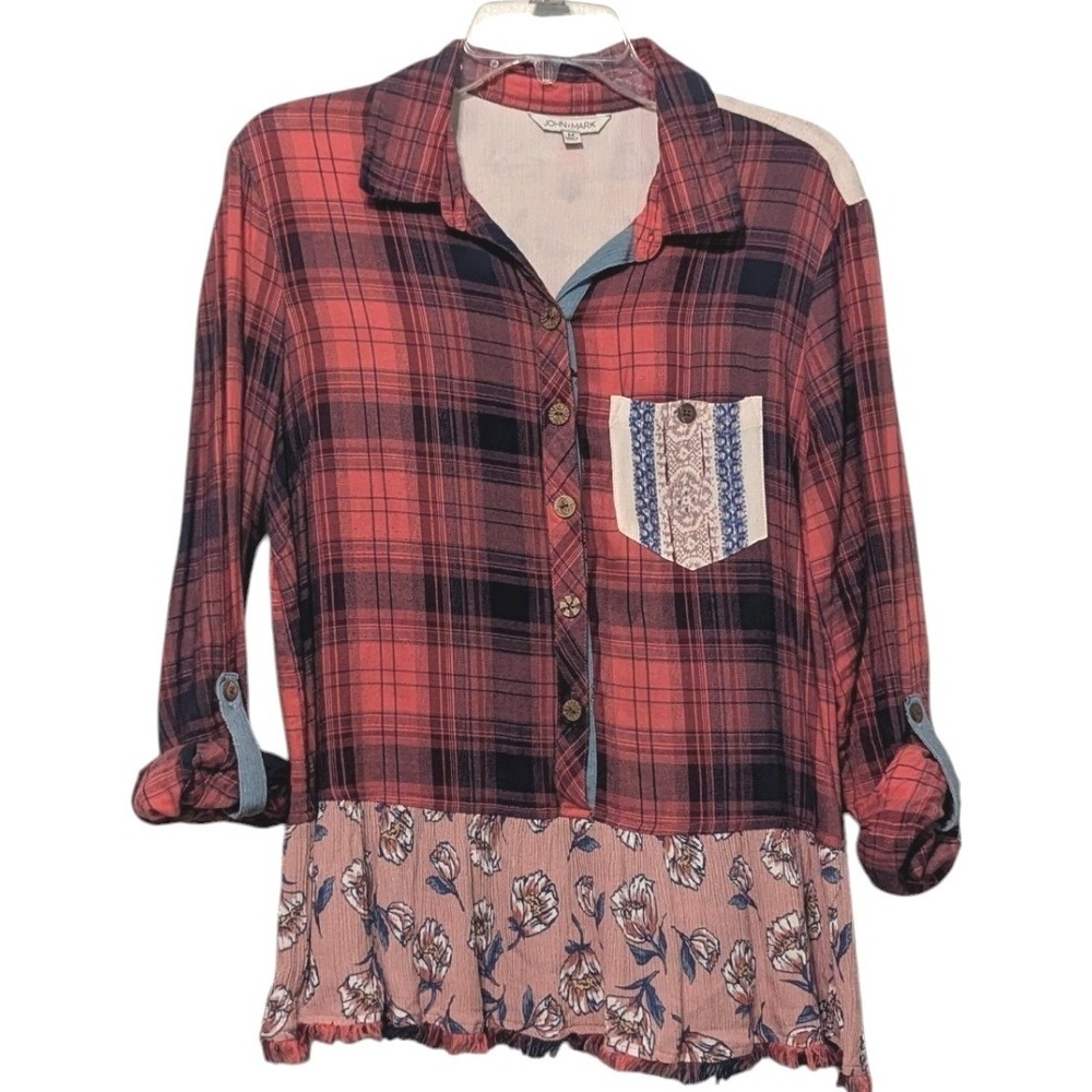 Womens John Mark Mixed Media Plaid Floral Embroidered Button Down Top Red Med - Picture 2 of 15